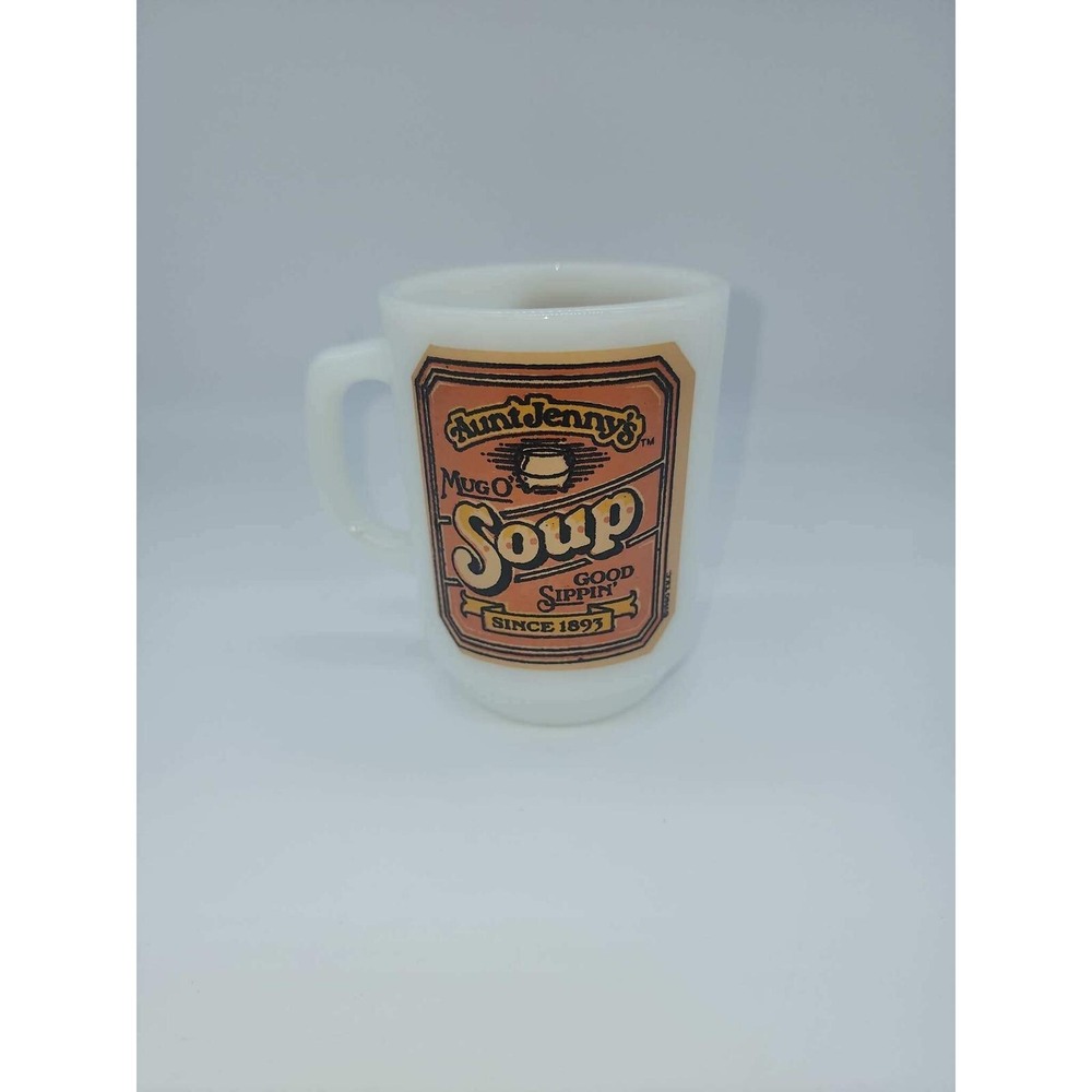 Vintage Fire-King Milk Glass Mug Aunt Jennys Mug O Soup Good Sippin White Cup